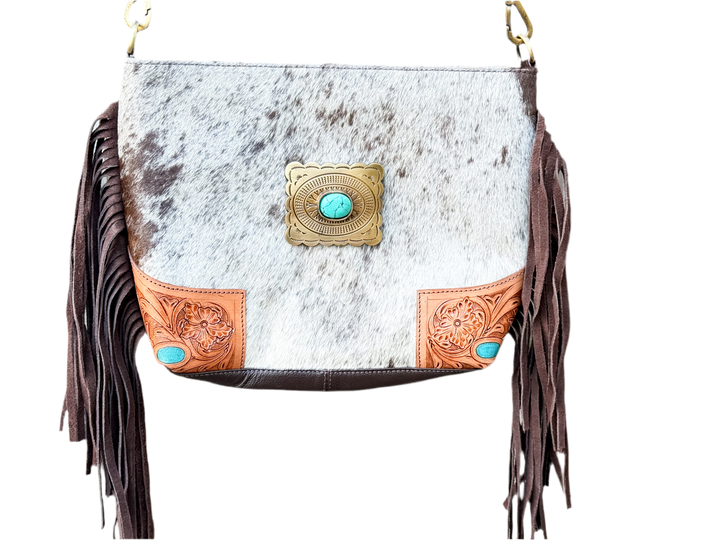 The Concho Carryall | Hair-On Cowhide & Tooled Leather Crossbody Purse