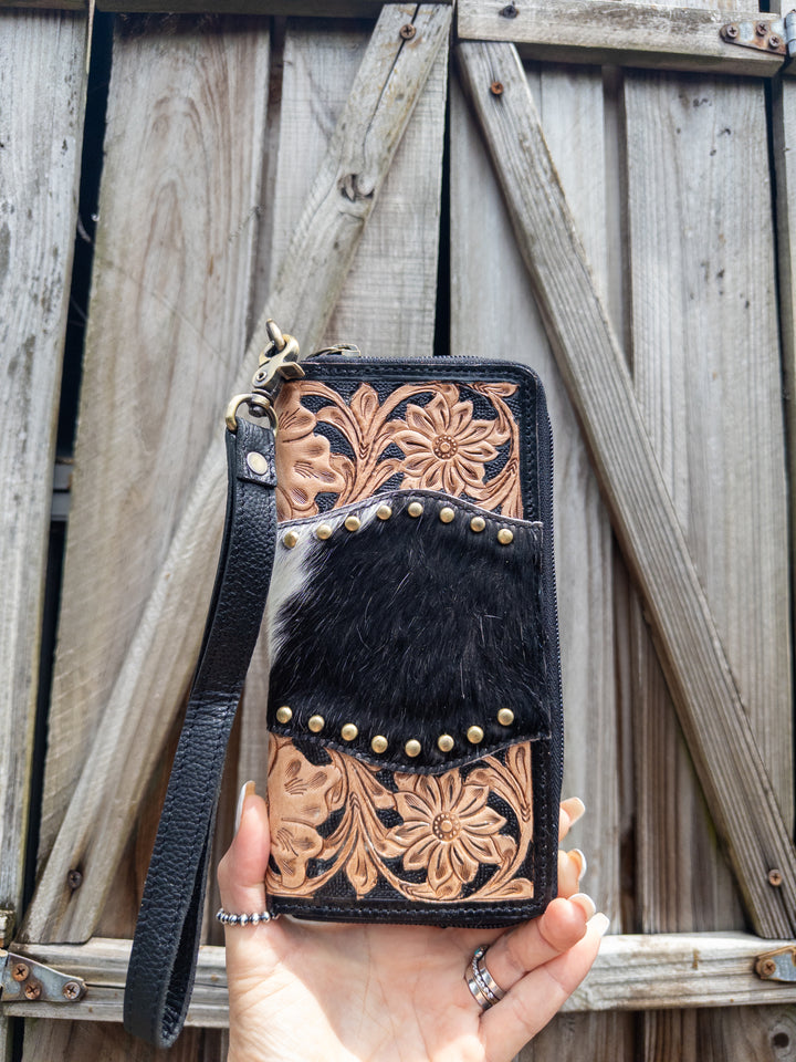 Family Tradition | Black and Tan Tooled Leather with Black and White Cowhide Women’s Western Studded Wallet