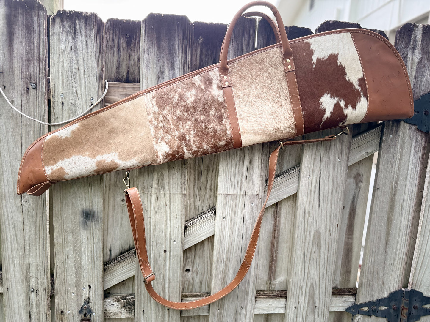 Custom Hair on Cowhide and Caramel Brown (2) Leather Padded Protective Western Rifle Case with Strap and Handles
