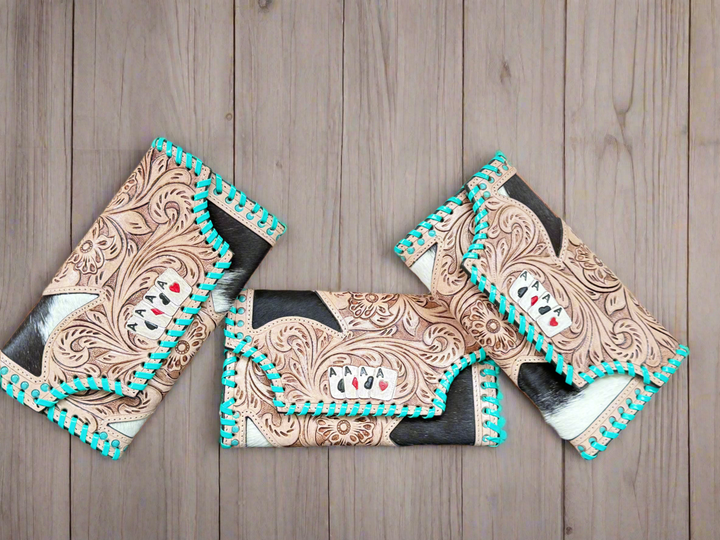 Hide and Ace : Tooled Leather and Cowhide Aces Card Design Turquoise Stiched Wallet