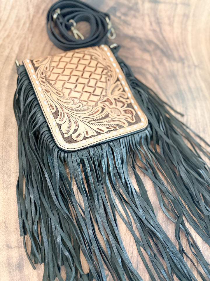 Midnight Fringe | Tooled Leather and Black Fringe Small Western Crossbody