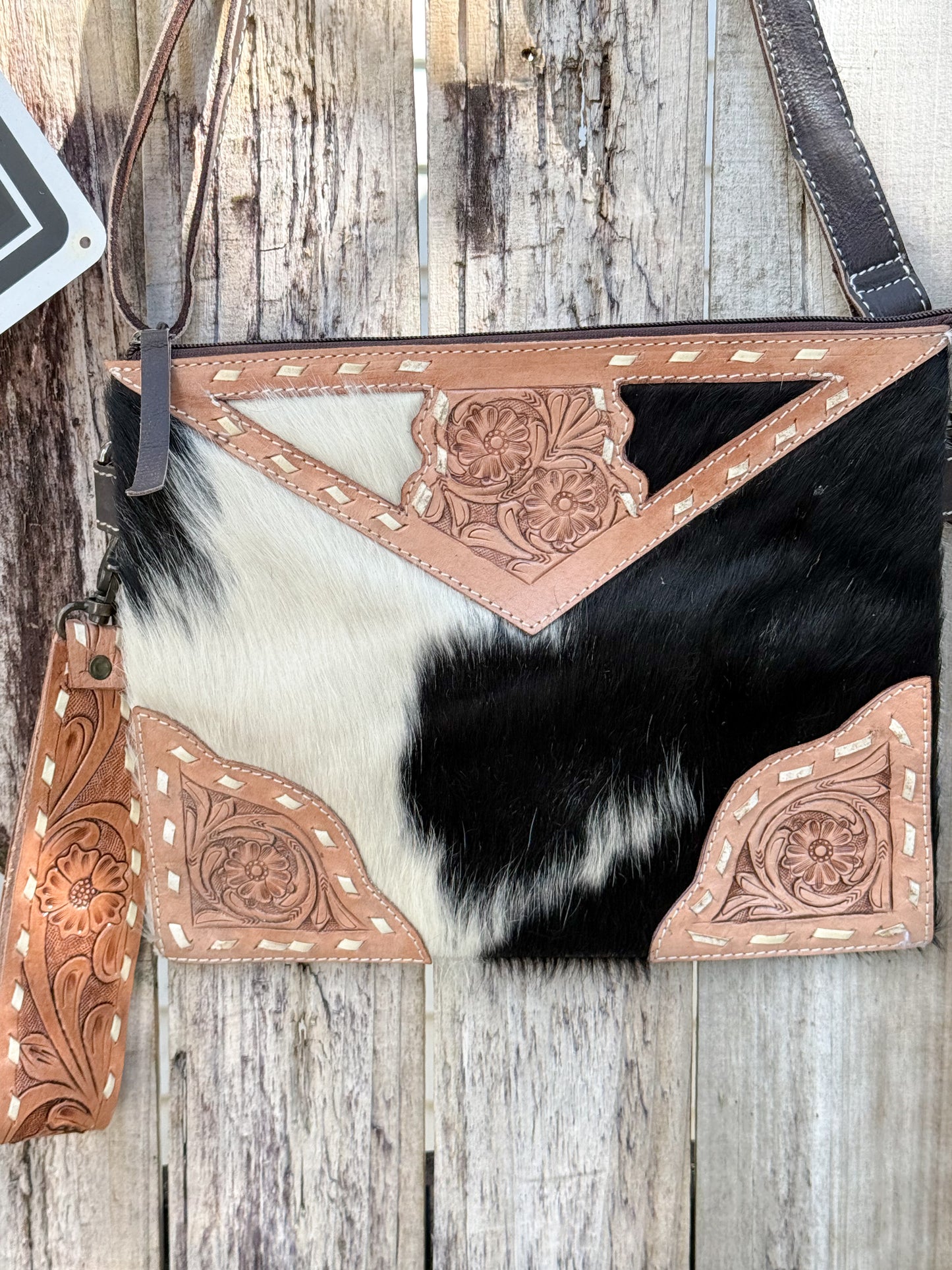Lariat Luxe : Black and White Cowhide with Tooled Leather Design Handstrap and Removable Crossbody Strap