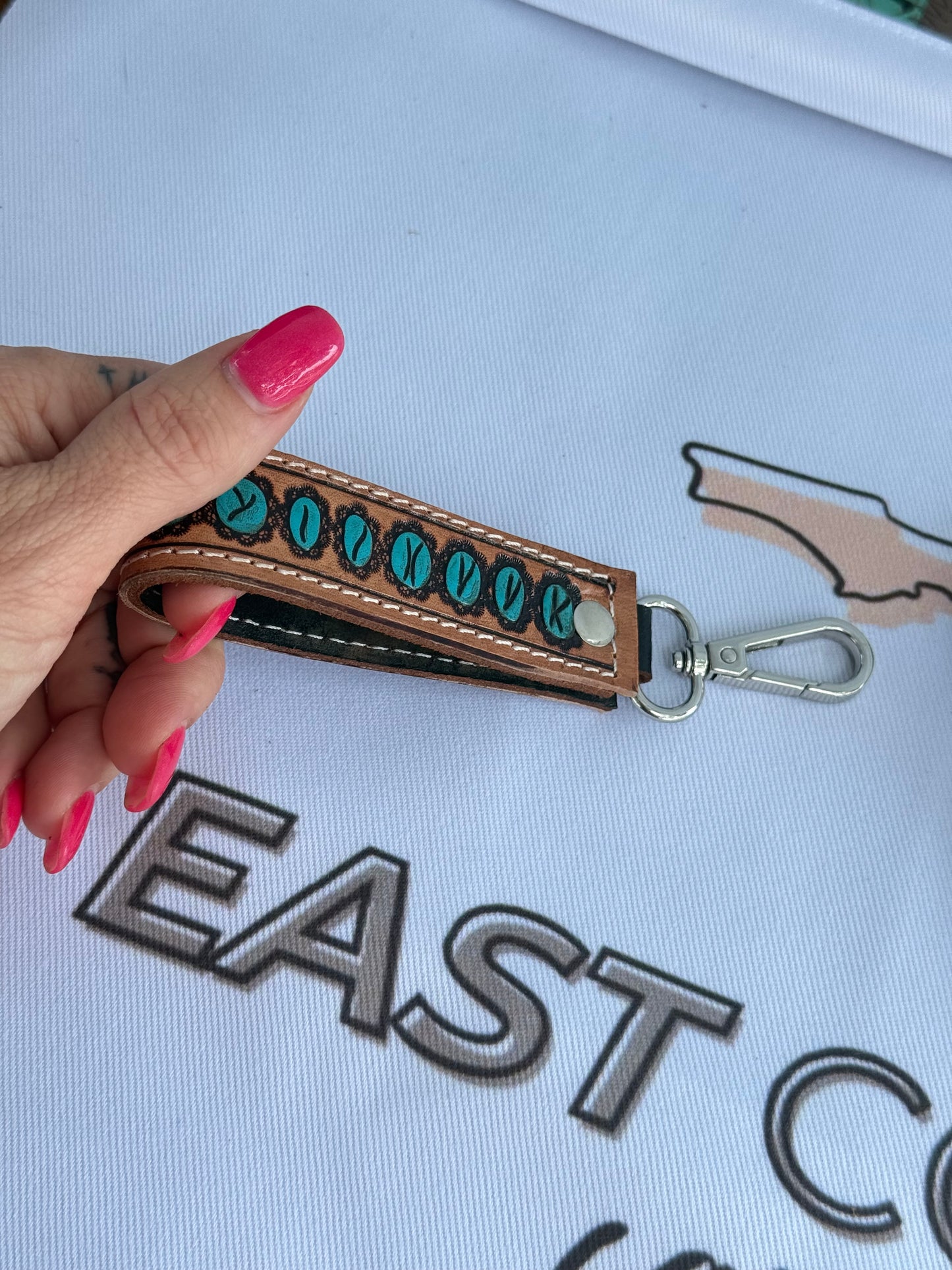 Turquoise Stone Design Hand Tooled Leather Hand Painted Keychain Strap