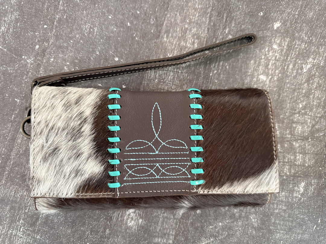 Boot Strap Wallet | Hair on Cowhide Boot Stitch Leather Western Wallet with Handstrap
