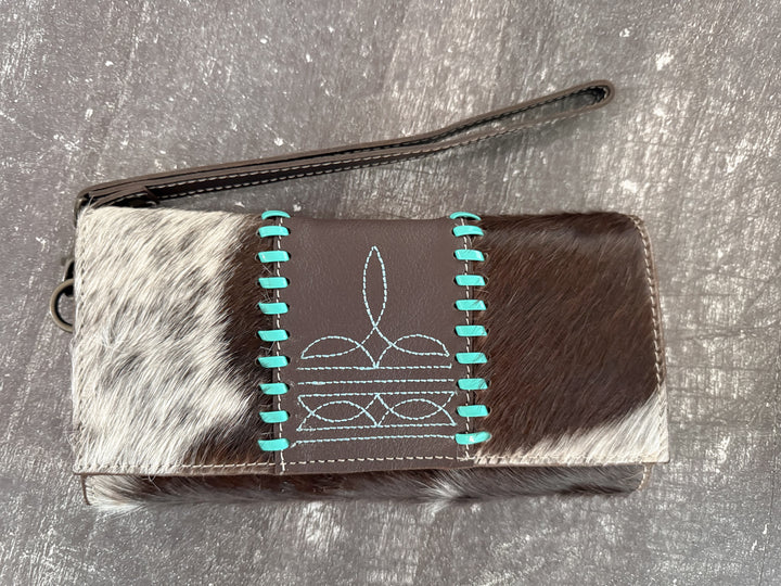 Boot Strap Wallet | Hair on Cowhide Boot Stitch Leather Western Wallet with Handstrap