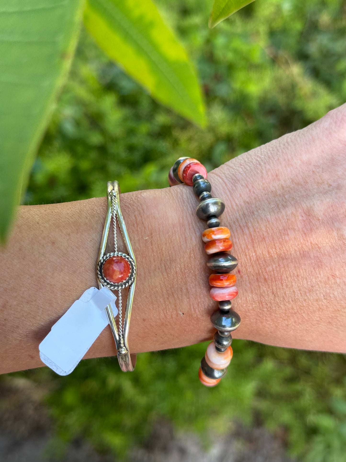 7” Machine made Sterling Silver bead & Spiny Oyster Bracelet, Navajo strung “Navajo Pearl Bracelet”