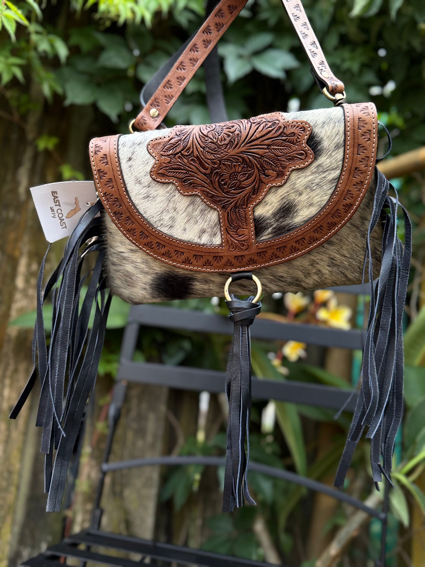 Bayou Bloom: Handtooled Leather and Cowhide Fringe Black and Brown Leather Crossbody with Fringe