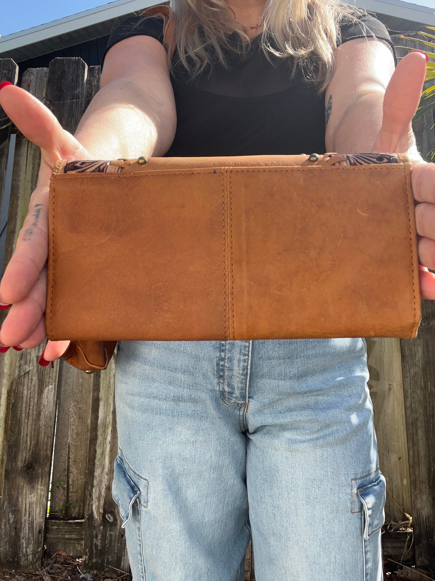 Michaela Coors LITE : Lightweight All Leather Handtooled Floral Design Studded Shoulder Purse with Matching Wallet SET