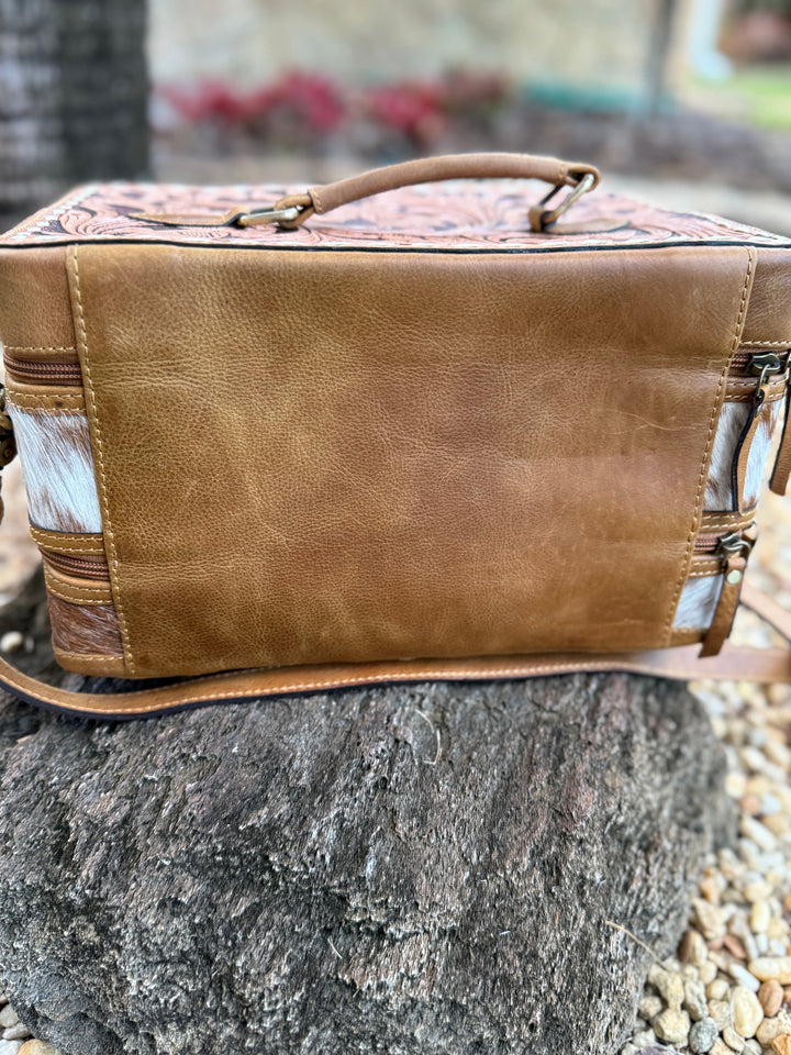 The Double Decker in Tan | Large Tan and White Cowhide and Tooled Leather Jewelry Case