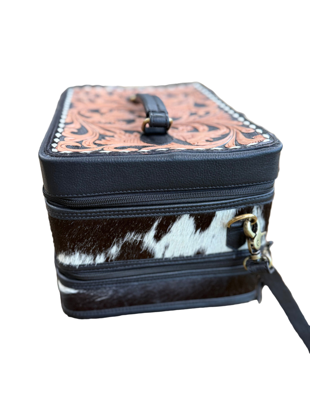 Handmade Black Leather and Black and White Cowhide Jewelry Case with 2 levels a top handle and Strap