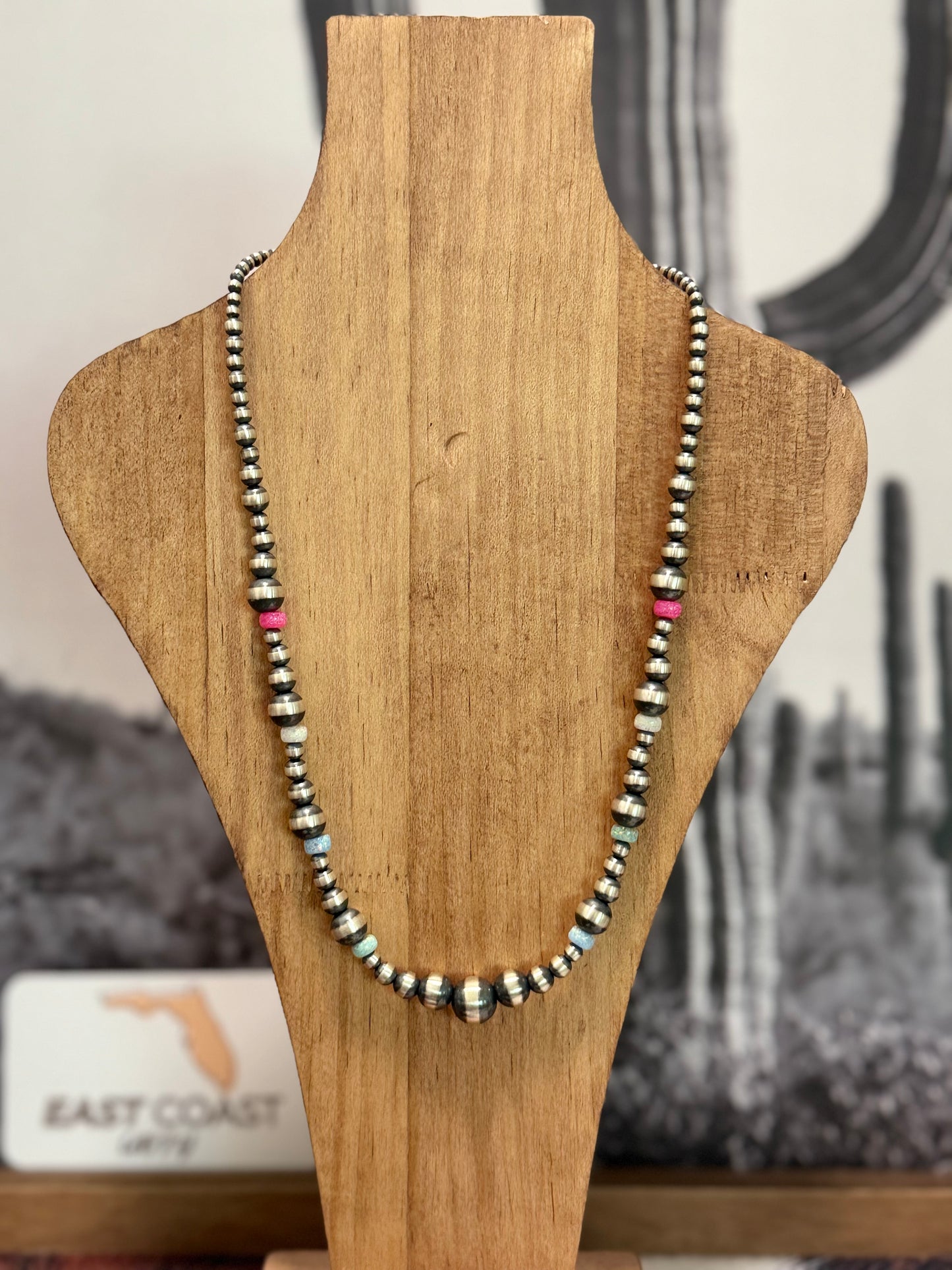 18” Native Strung Sterling Silver Graduated Beads & Pink, White and Blue Lab Opal “Navajo Pearls”