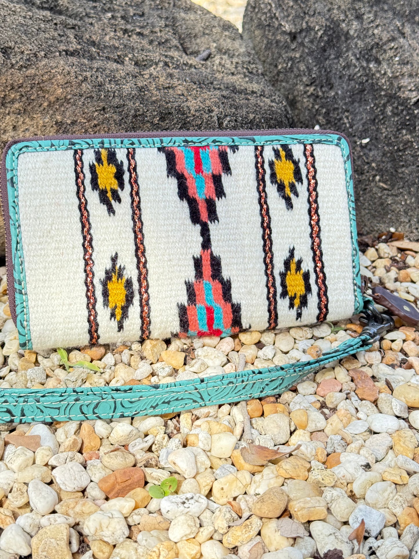 Saddle Blanket & Tooled Leather Boho Western Zipper Wallet