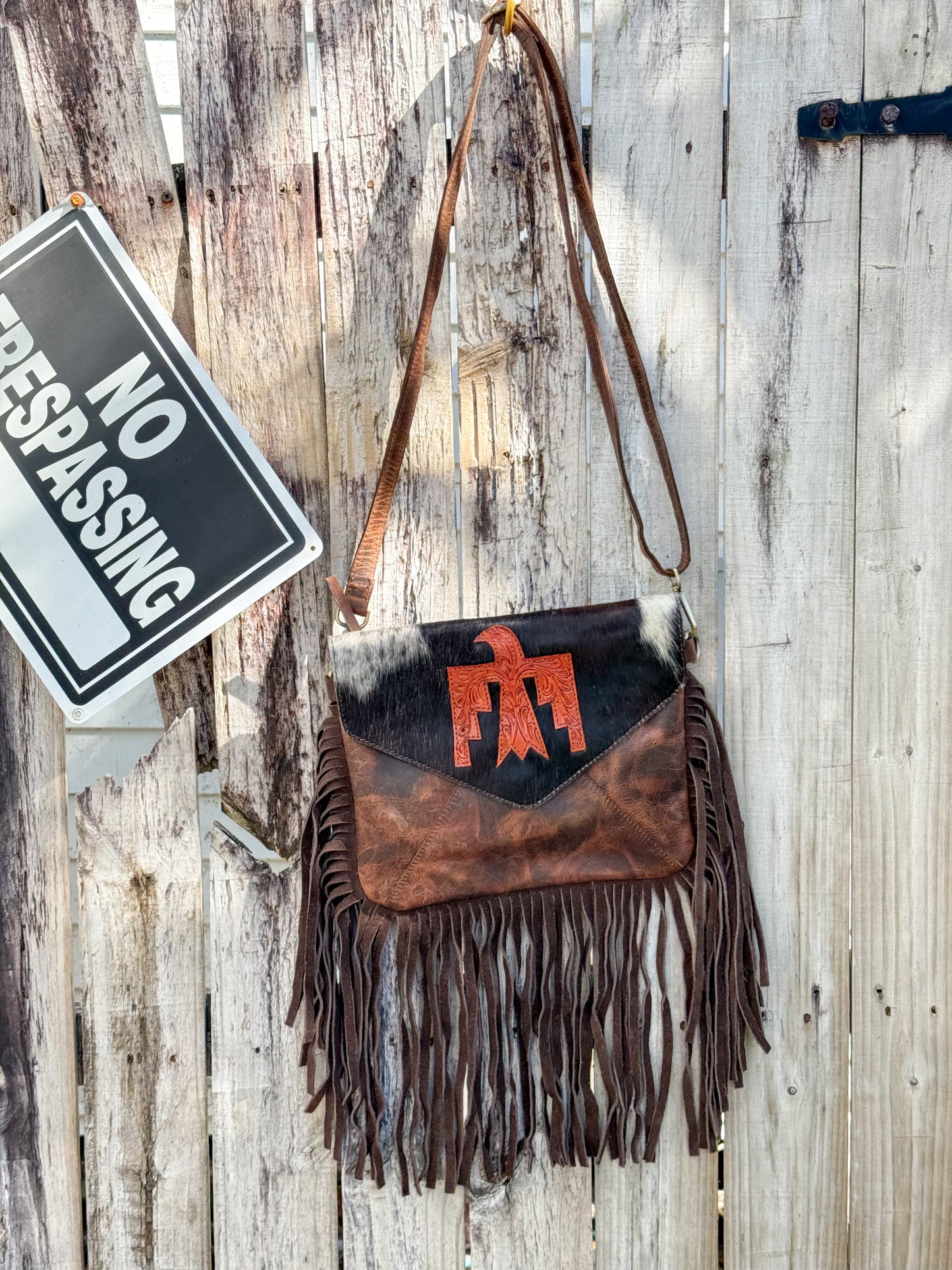 Midnight Thunder : Handcrafted Leather and Cowhide Concealed Carry Bag with Fringe Detail and Tbird Design