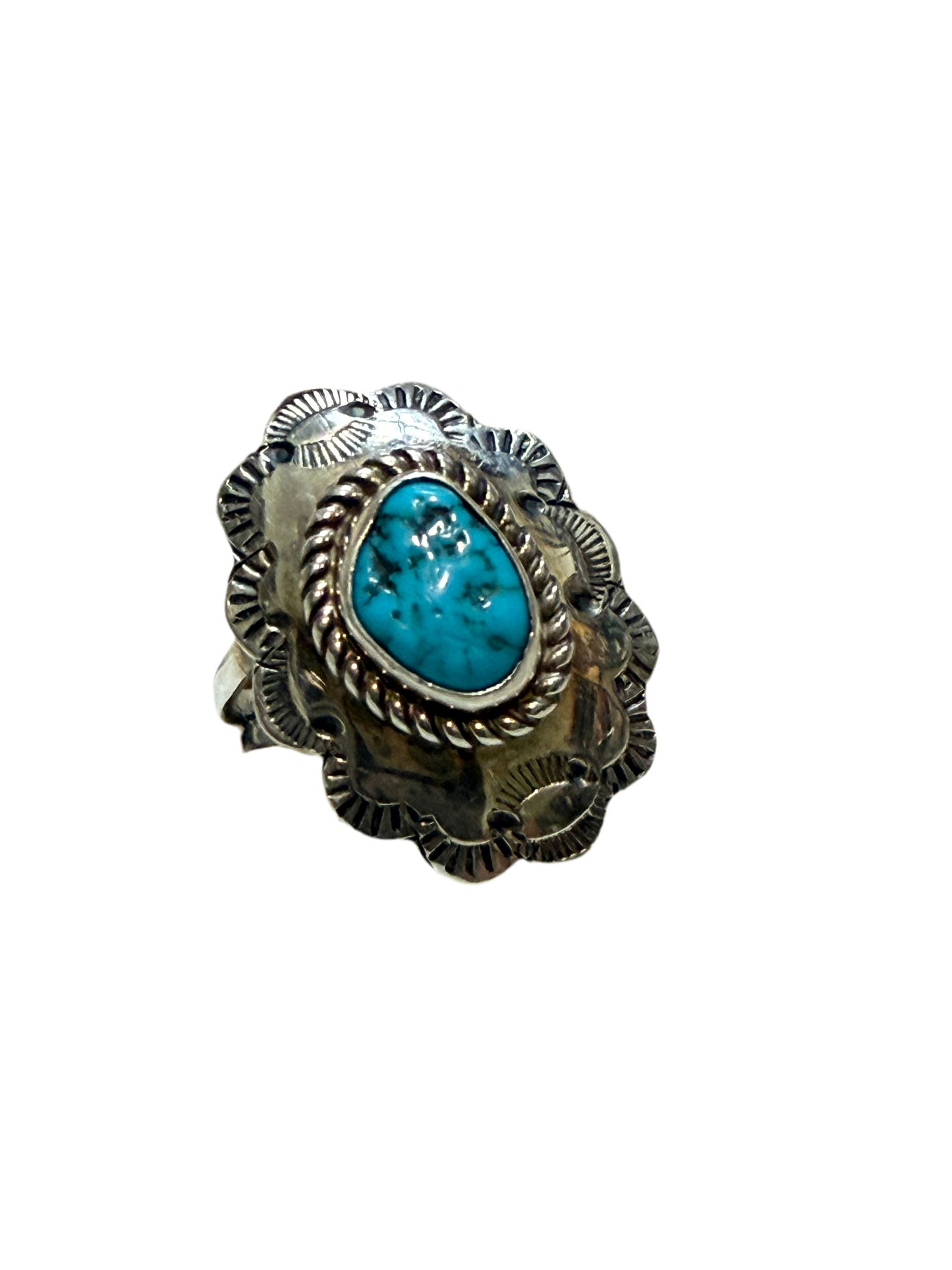 Turquoise & Sterling Silver Concho Ring Size 8 - Signed K