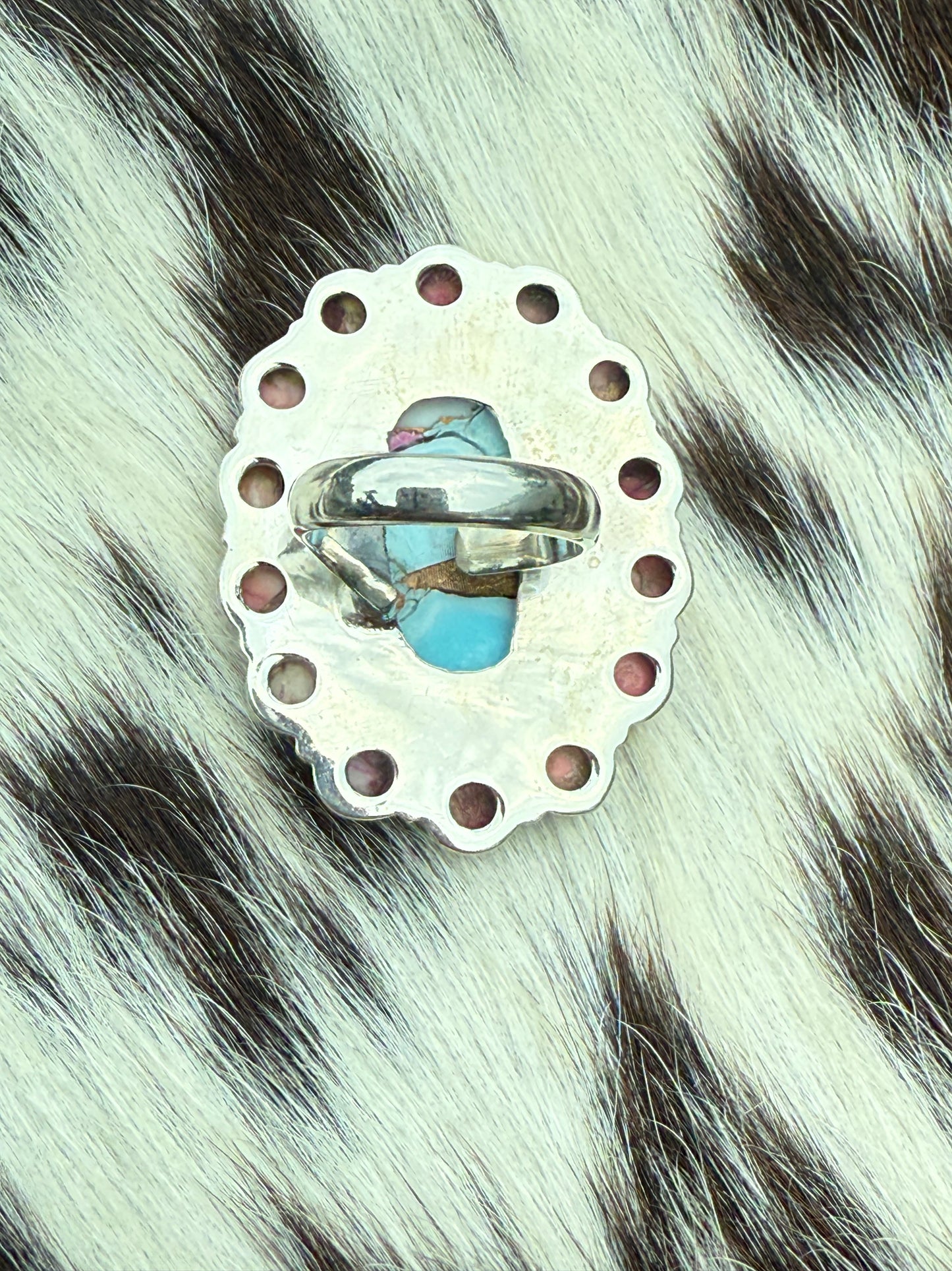Cotton Candy Turquoise & Red Dahlia Sterling Silver Adjustable Ring