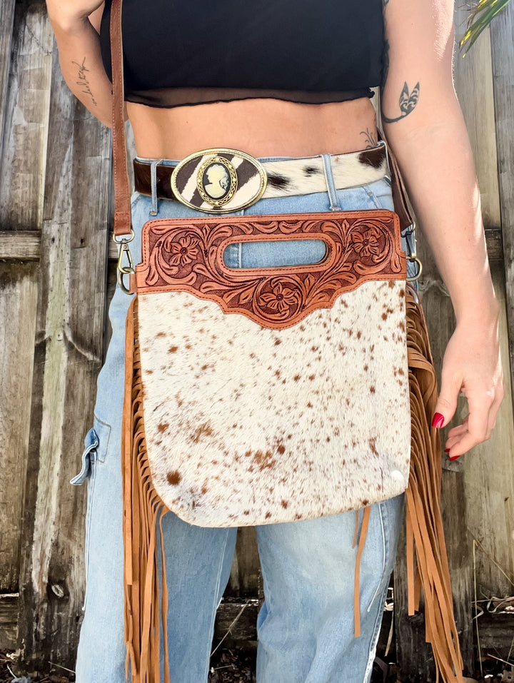 The Sidekick | Tooled Leather & Cowhide Concealed Carry Crossbody with Fringe Sides