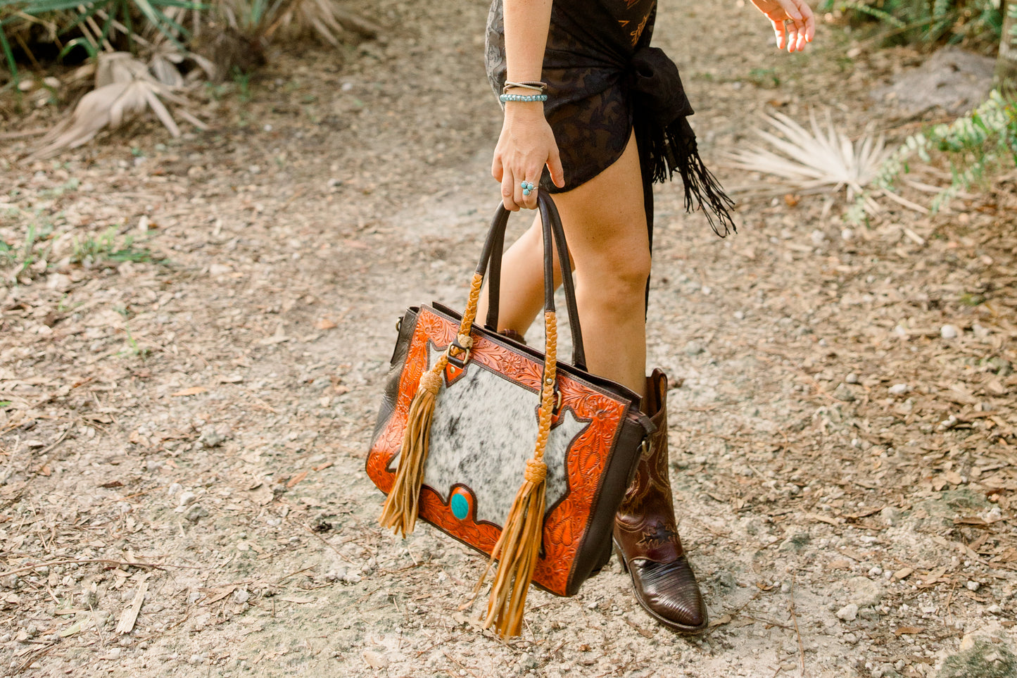 Dawn to Dusk – Large Everyday Western Concealed Carry Tote with Tooled Leather, Cowhide & Fringe Handles
