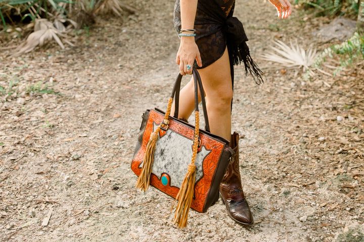 Dawn to Dusk | Large Everyday Western Concealed Carry Tote with Tooled Leather, Cowhide & Fringe Handles