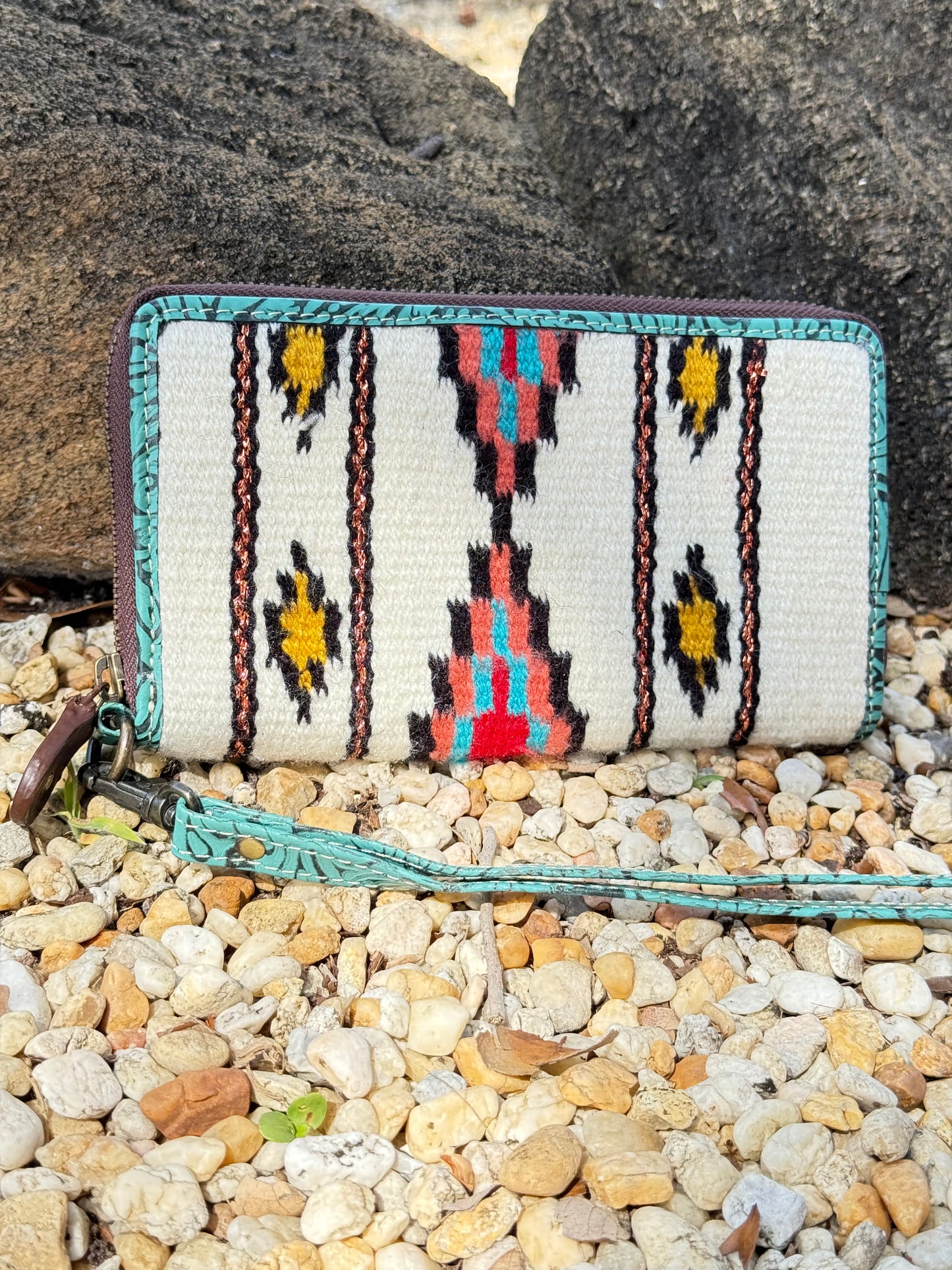 Saddle Blanket & Tooled Leather Boho Western Zipper Wallet
