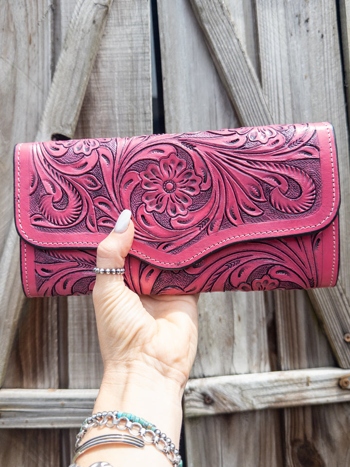 The Pinky Promise Clutch | Pink Tooled Leather Clutch Wallet
