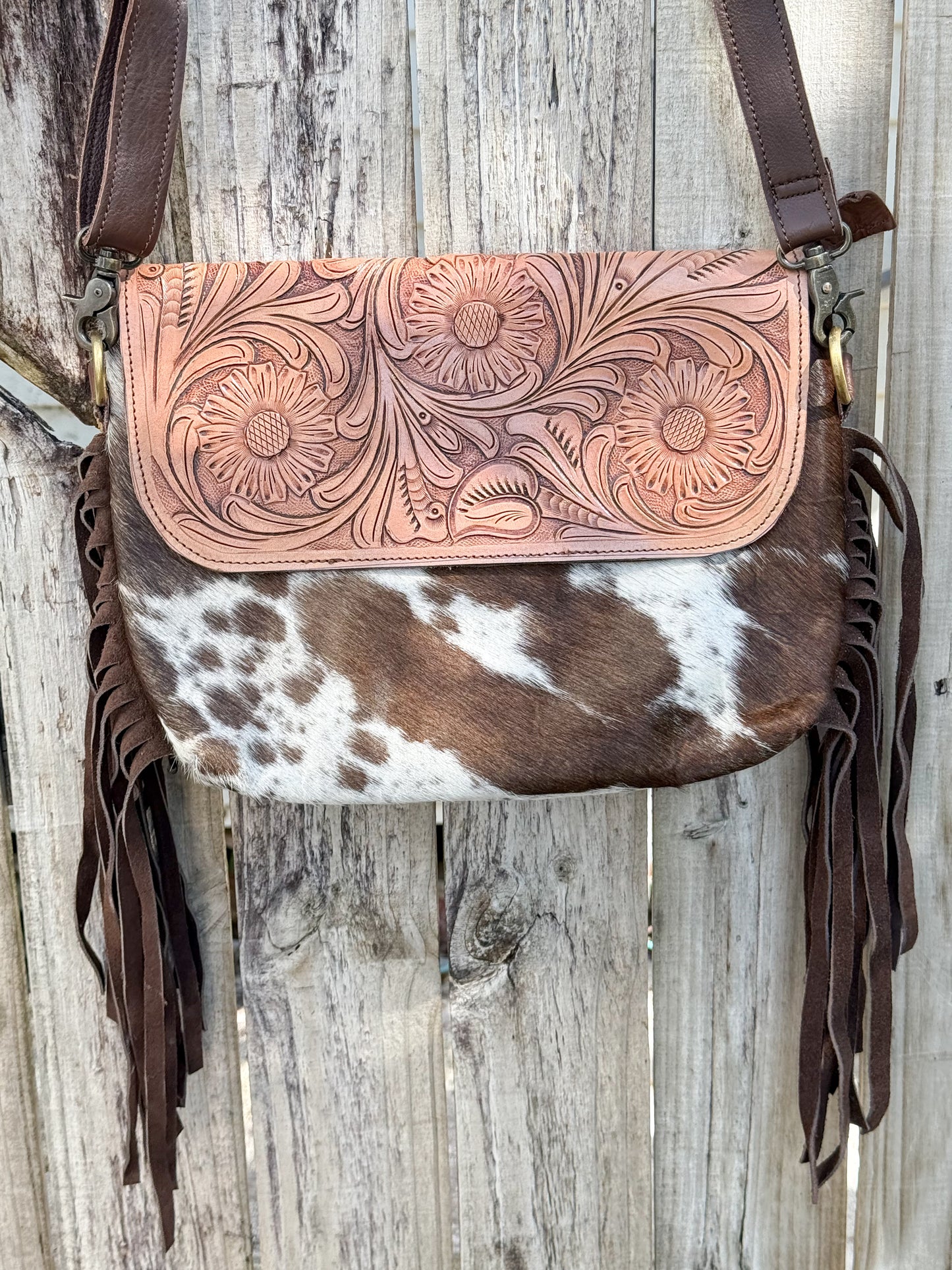 Grit & Grace : Hand Tooled Leather Cowhide and Brown Fringe Crossbody