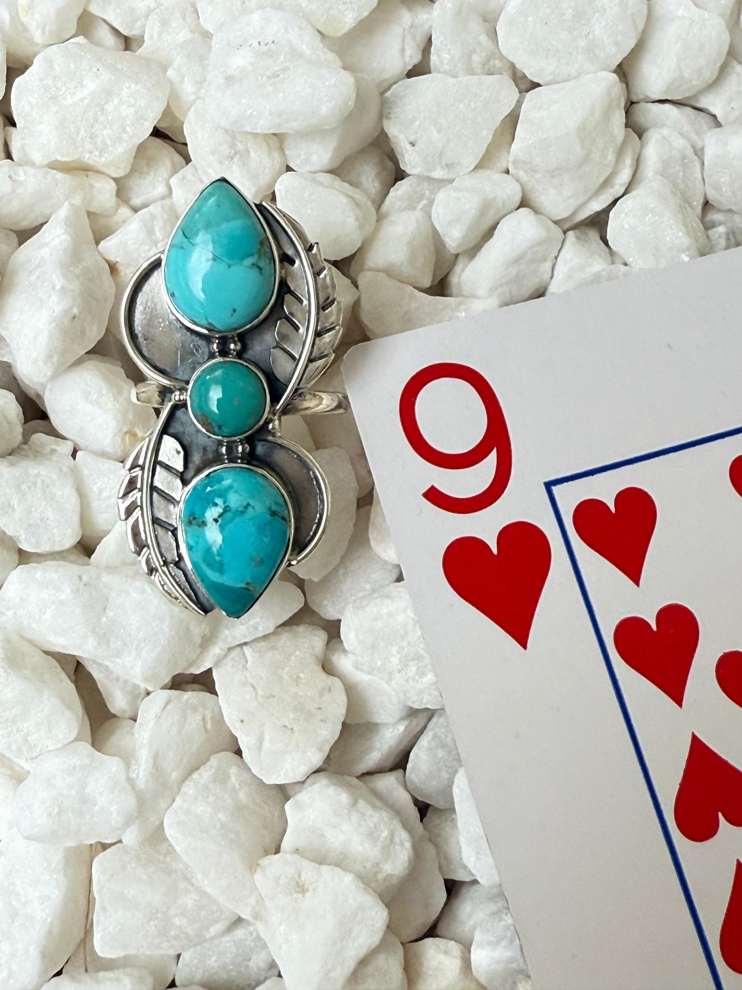The Desert Feather – Triple Turquoise Statement Ring Sz 9