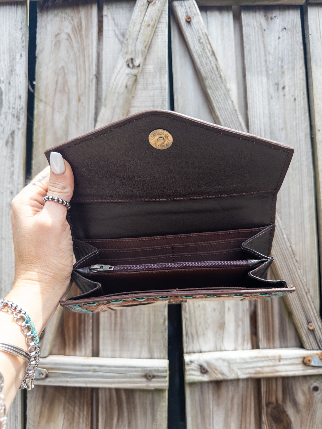 Cowhide & Tooled Leather Western Wallet – Black, Brown & White Hide (The Ironwood)