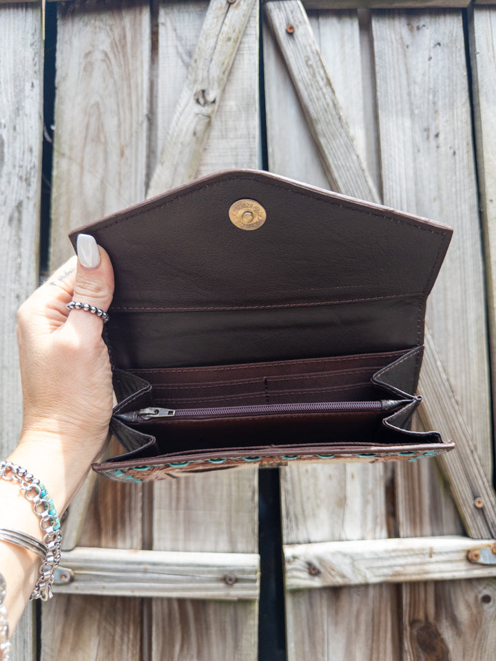 Cowhide & Tooled Leather Western Wallet – Black, Brown & White Hide (The Ironwood)