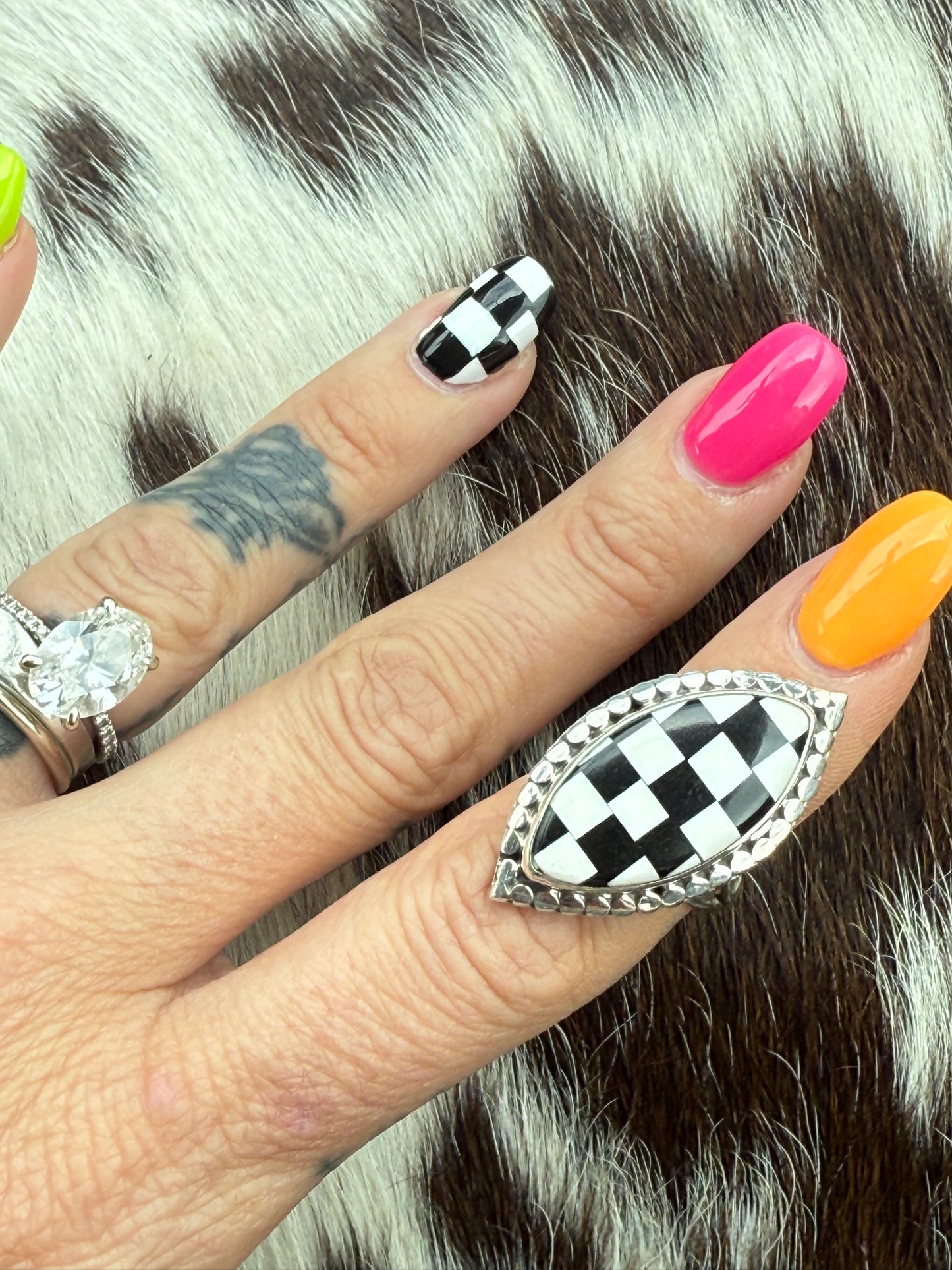 Sterling Silver Black and White Checkered Ring