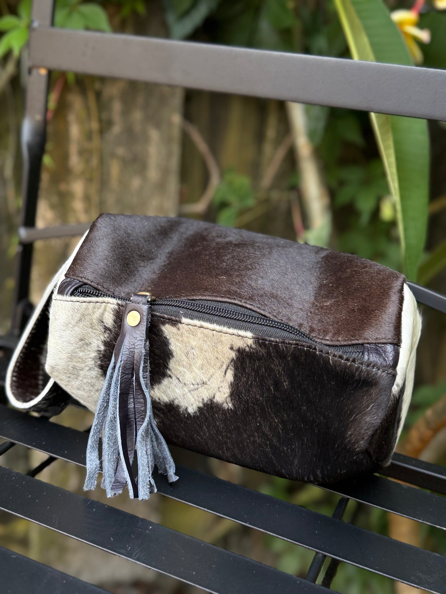 Black Cowhide & Leather Travel Cosmetic Bag | Black Fringe