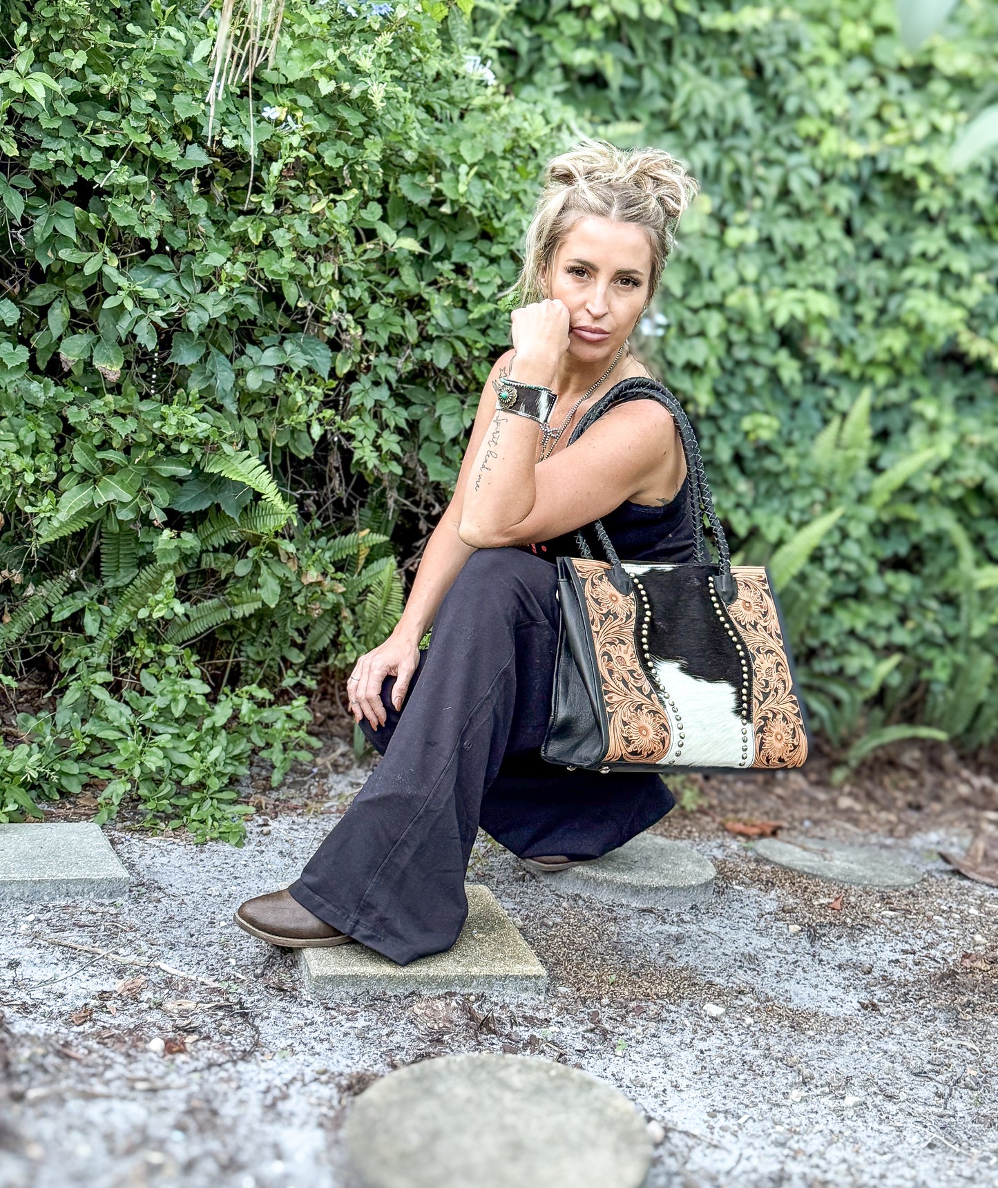 Family Tradition : in Black Leather - Tooled Leather & Cowhide Concealed Carry Tote