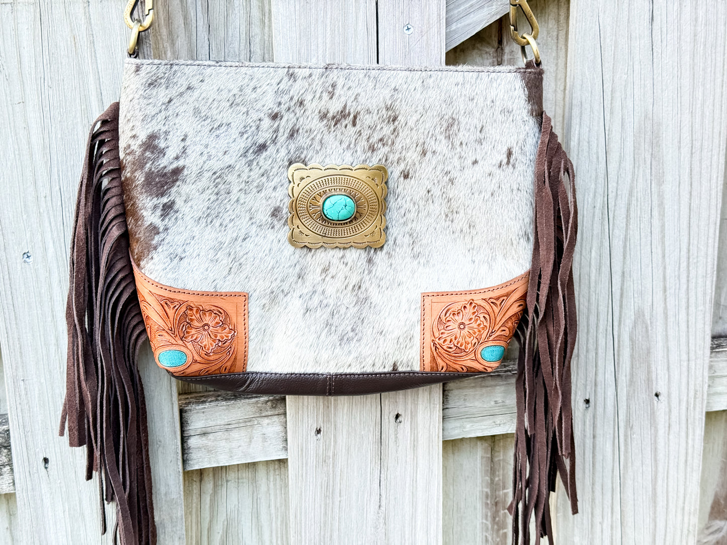 The Concho Carryall: Hair-On Cowhide & Tooled Leather Crossbody Purse
