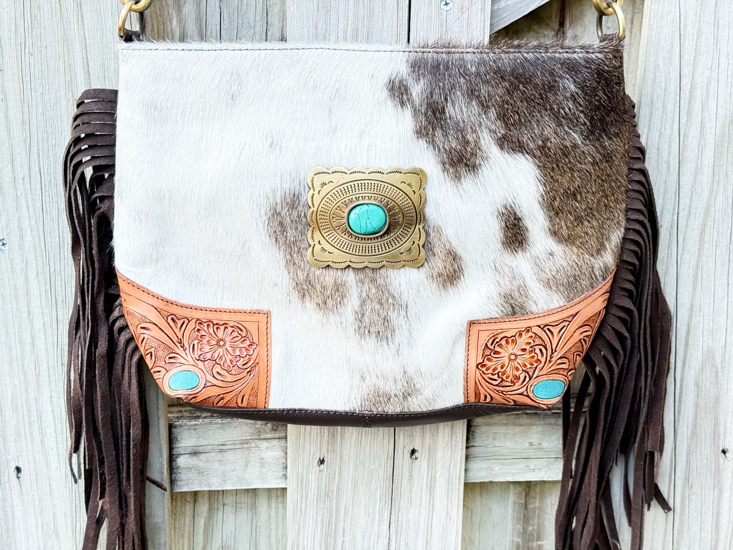 The Concho Carryall: Hair-On Cowhide & Tooled Leather Crossbody Purse