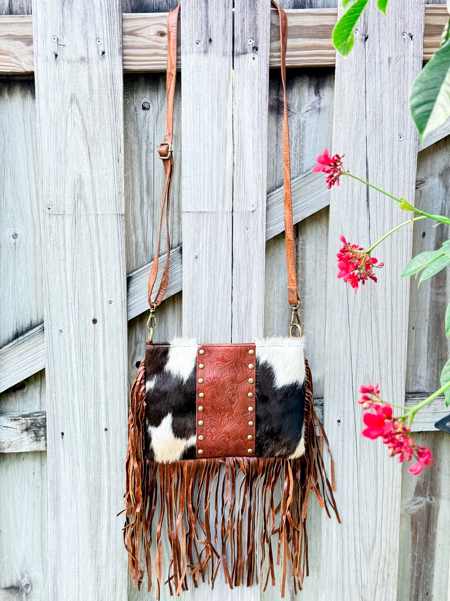 Hey Stud: Hair on Cowhide Leather Studed Fringe Crossbody Purse