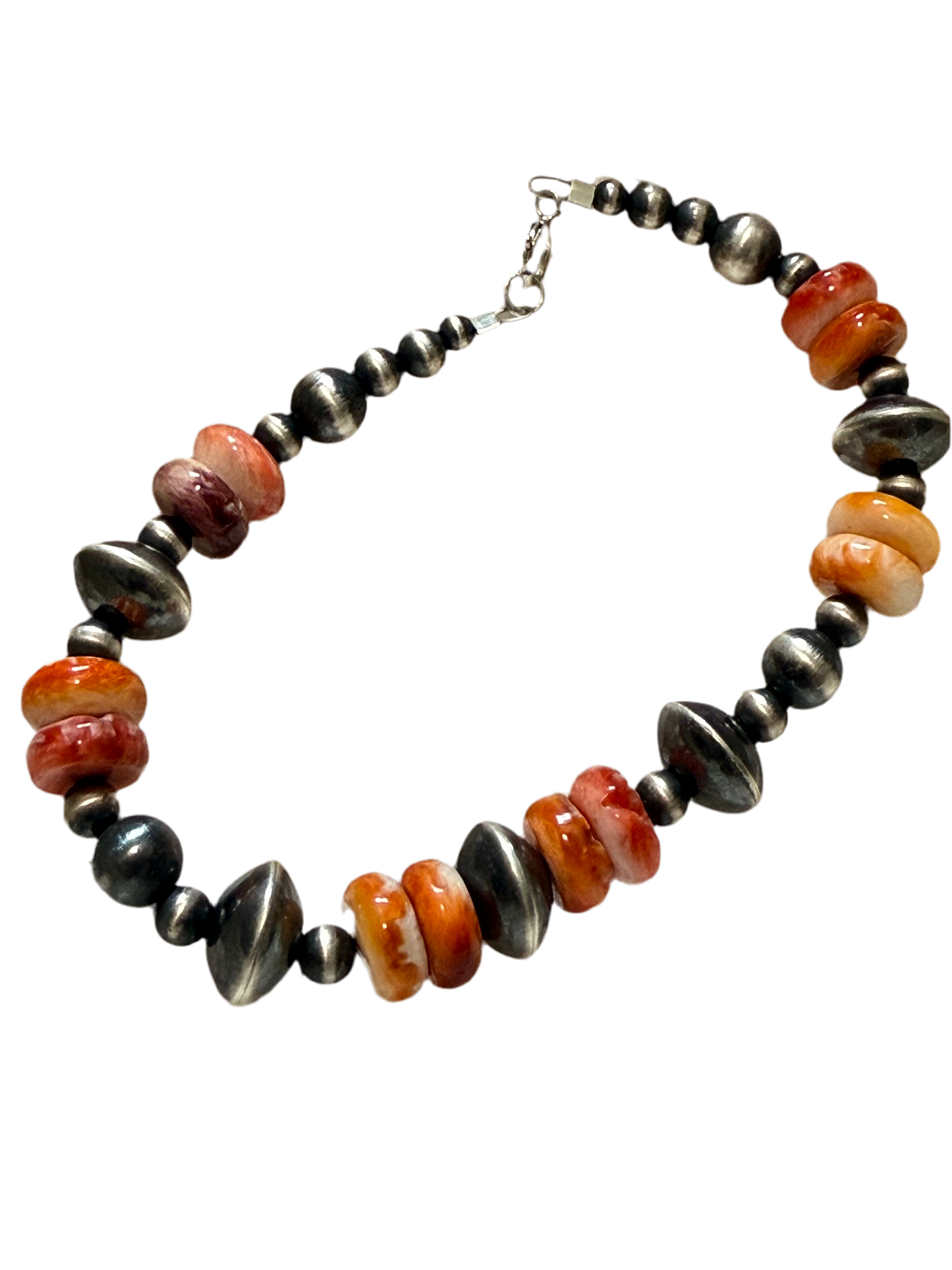7” Machine made Sterling Silver bead & Spiny Oyster Bracelet, Navajo strung “Navajo Pearl Bracelet”