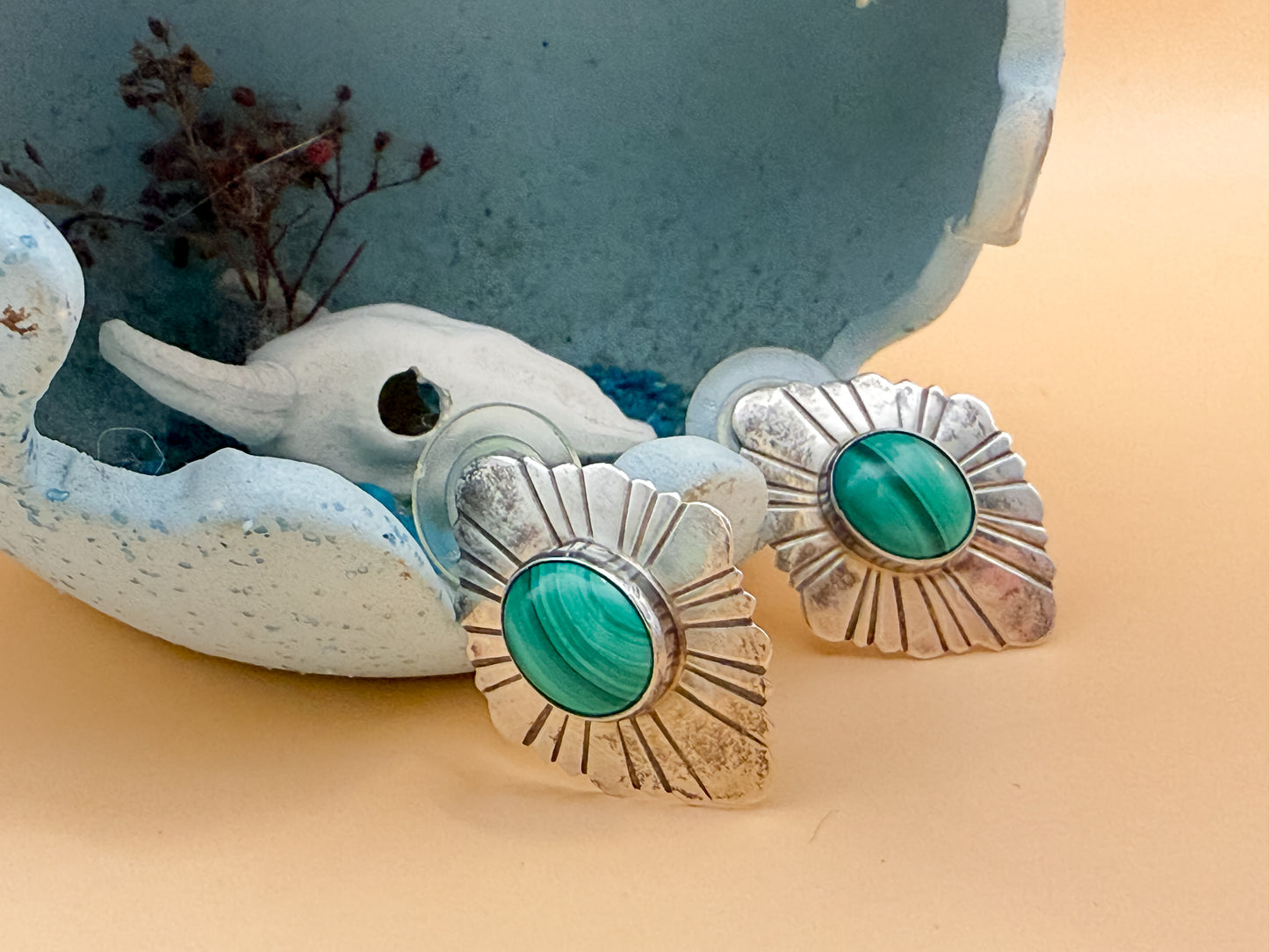VINTAGE stamped Malachite & Sterling Silver earrings