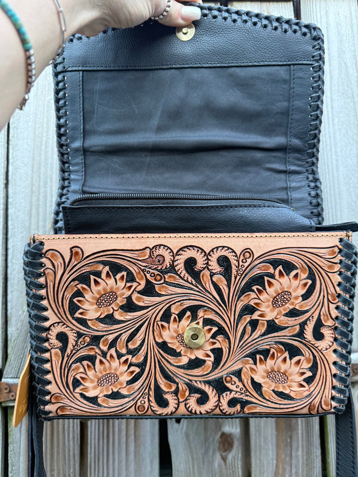 Black and Bloom | Black and Brown Tooled all Leather Western Crossbody Purse