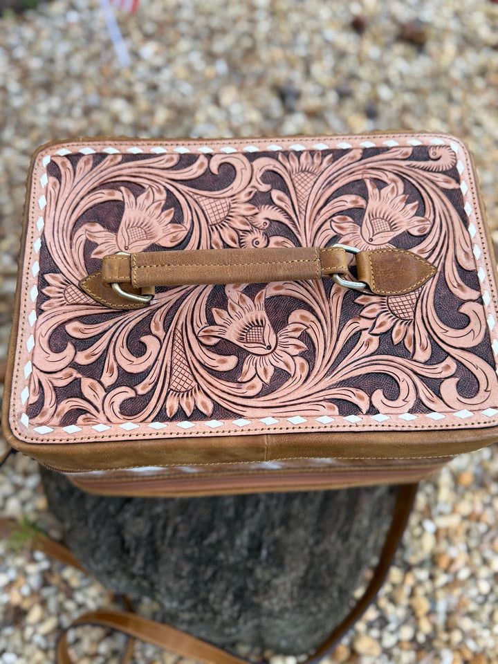 The Double Decker in Tan | Large Tan and White Cowhide and Tooled Leather Jewelry Case