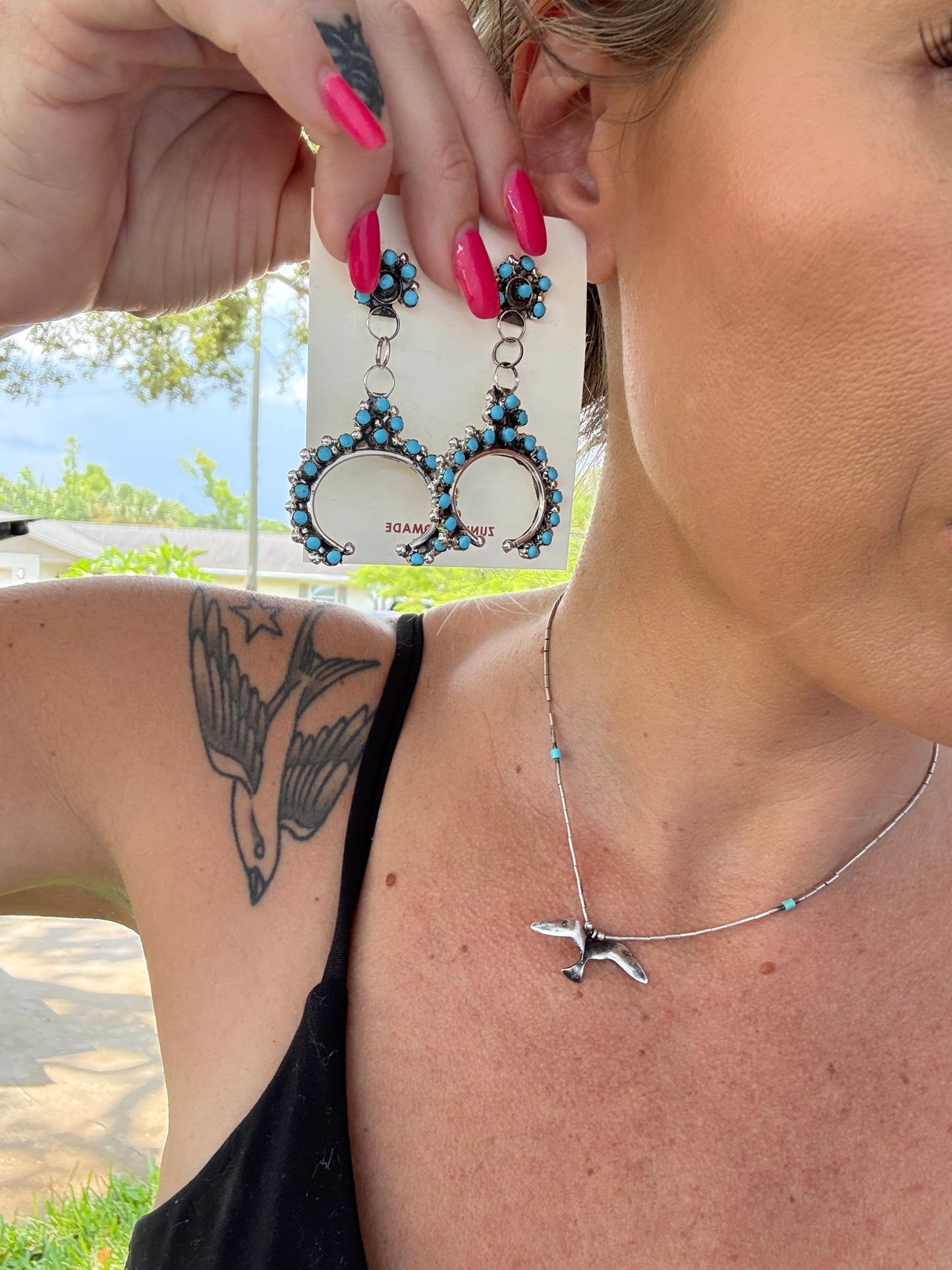 Zuni handmade snake eye Turquoise & Sterling Silver large Naja Dangle Earrings by Joann Cheama