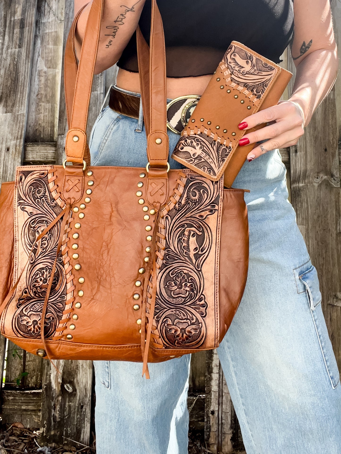 Michaela Coors LITE : Lightweight All Leather Handtooled Floral Design Studded Shoulder Purse with Matching Wallet SET
