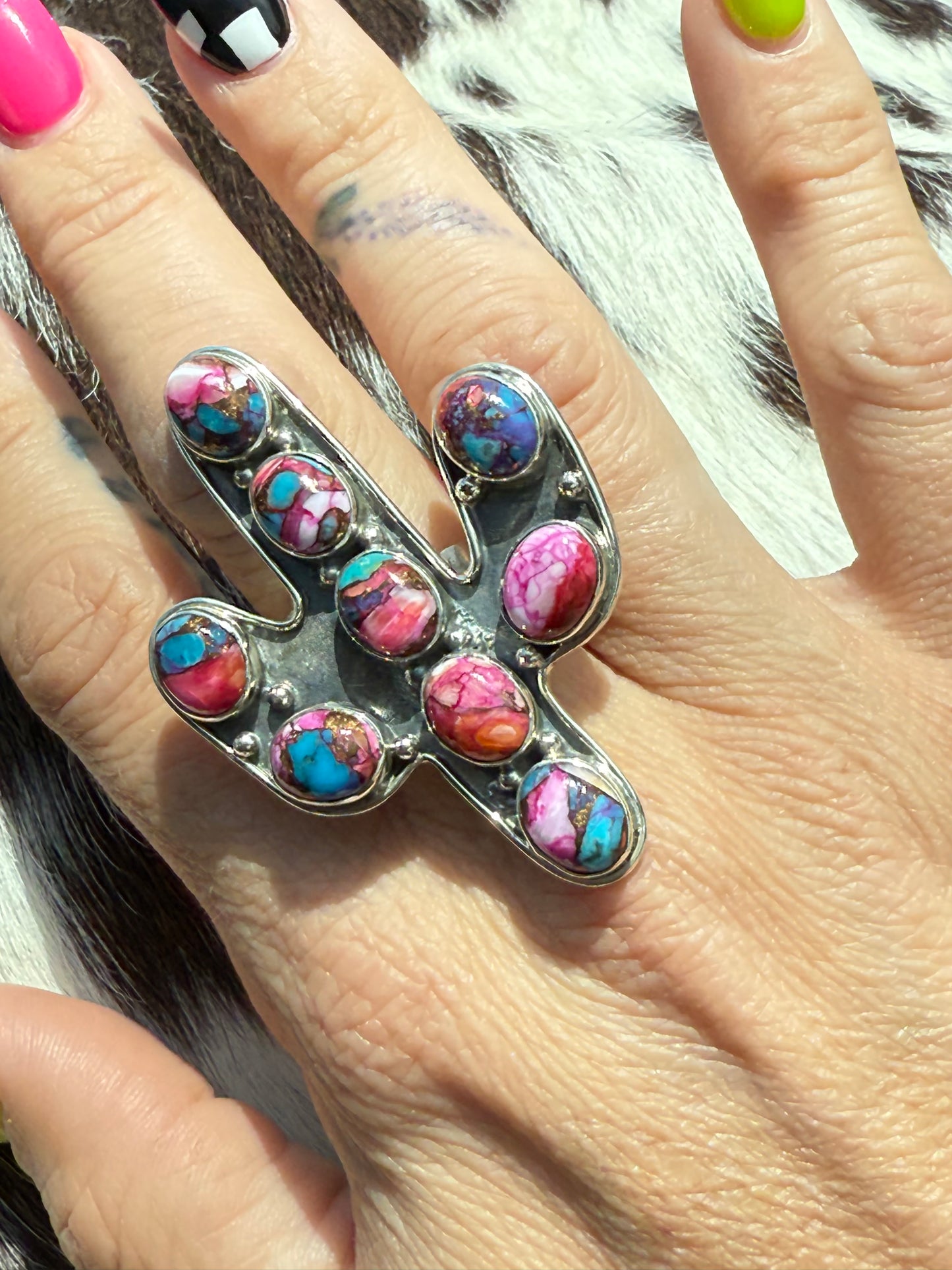 Mojave Desert : Spiny Oyster & Turquoise Mojave Sterling Silver Cactus Adjustable Statement Ring