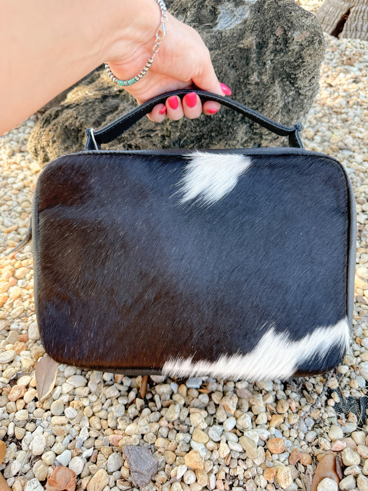 Black and White Hair on Cowhide and Black Leather Study Bible Zipper Case with Handle