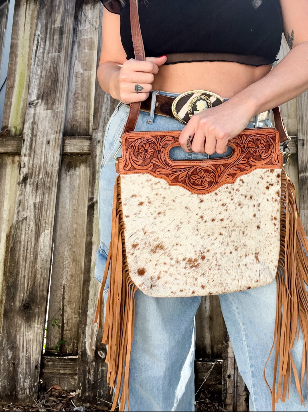 The Sidekick | Tooled Leather & Cowhide Concealed Carry Crossbody with Fringe Sides