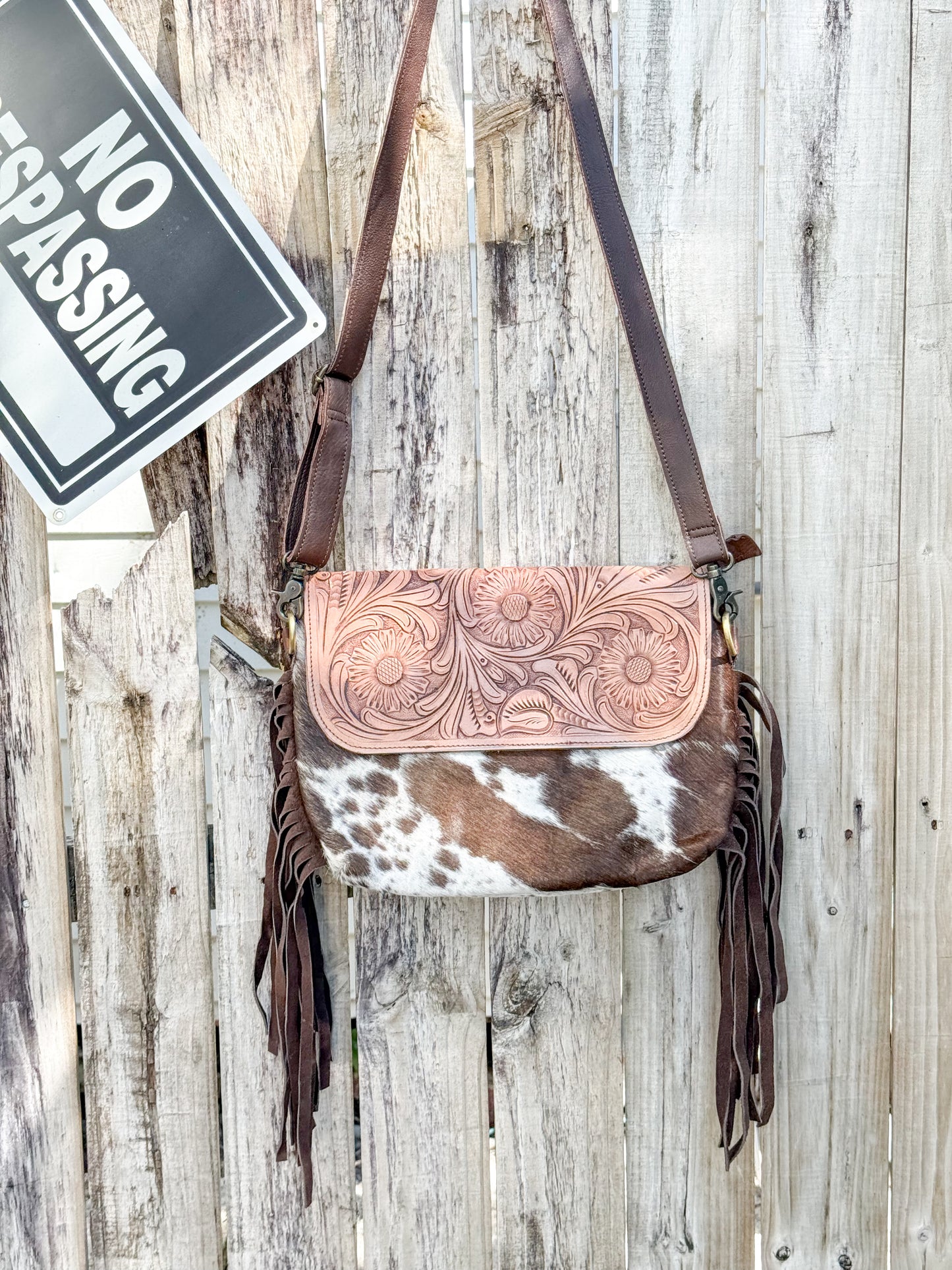 Grit & Grace : Hand Tooled Leather Cowhide and Brown Fringe Crossbody