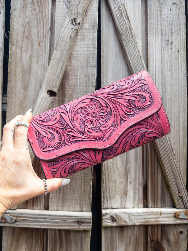 The Pinky Promise Clutch | Pink Tooled Leather Clutch Wallet