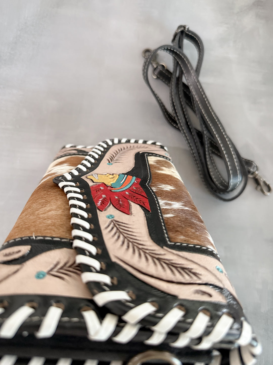 Feathered Indians Cowhide Clutch | Tooled Leather Handmade Clutch with Strap