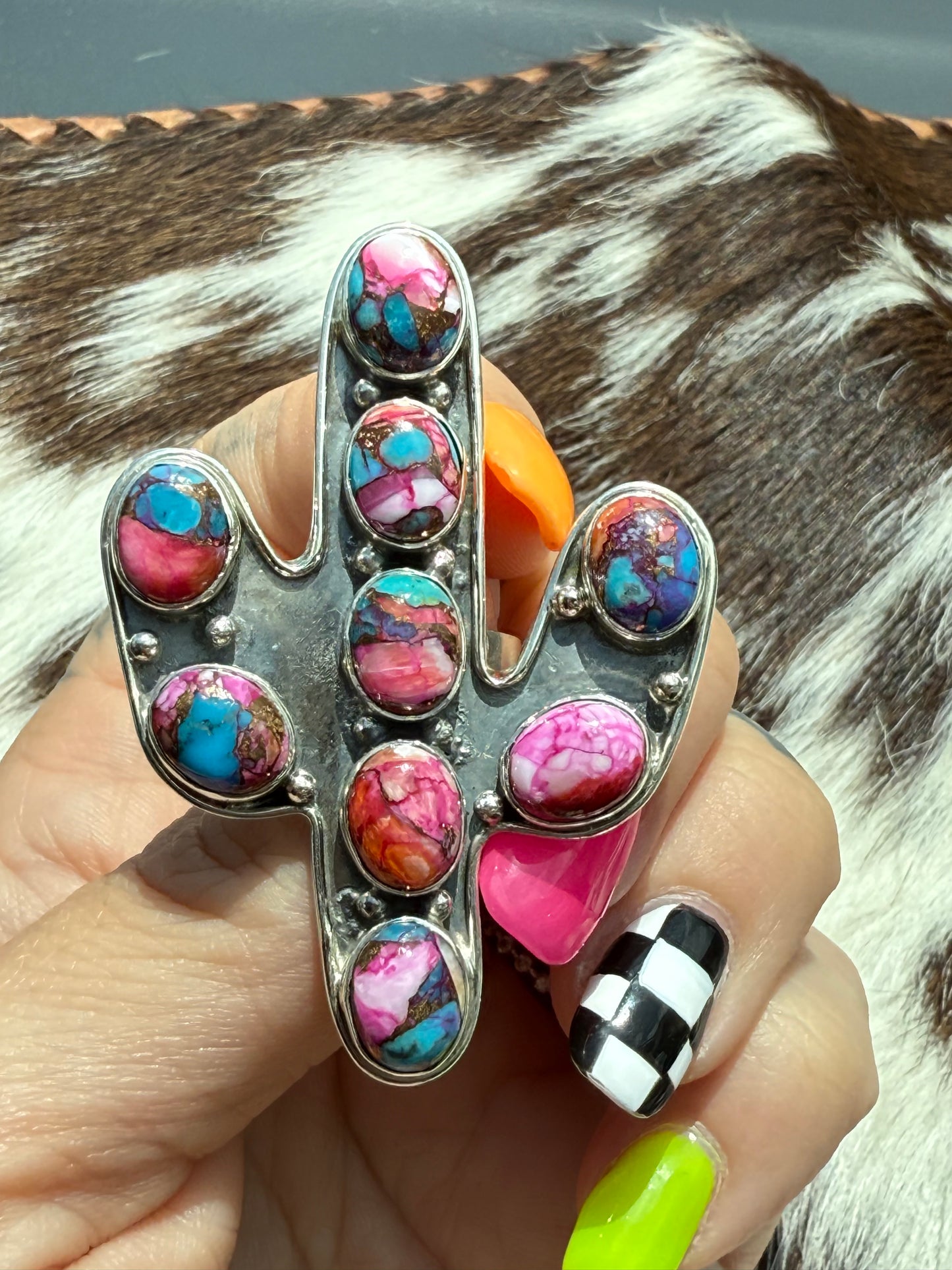 Mojave Desert : Spiny Oyster & Turquoise Mojave Sterling Silver Cactus Adjustable Statement Ring