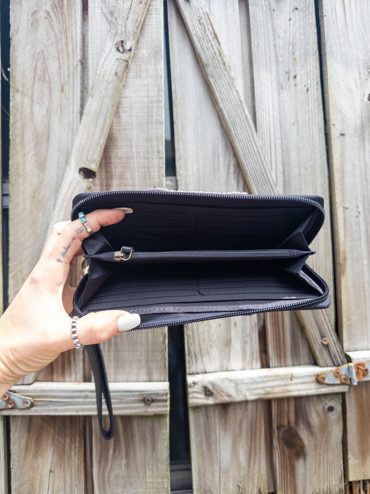Family Tradition | Chocolate Brown and Tan Tooled Leather with Hair on Cowhide Women’s Western Studded Wallet