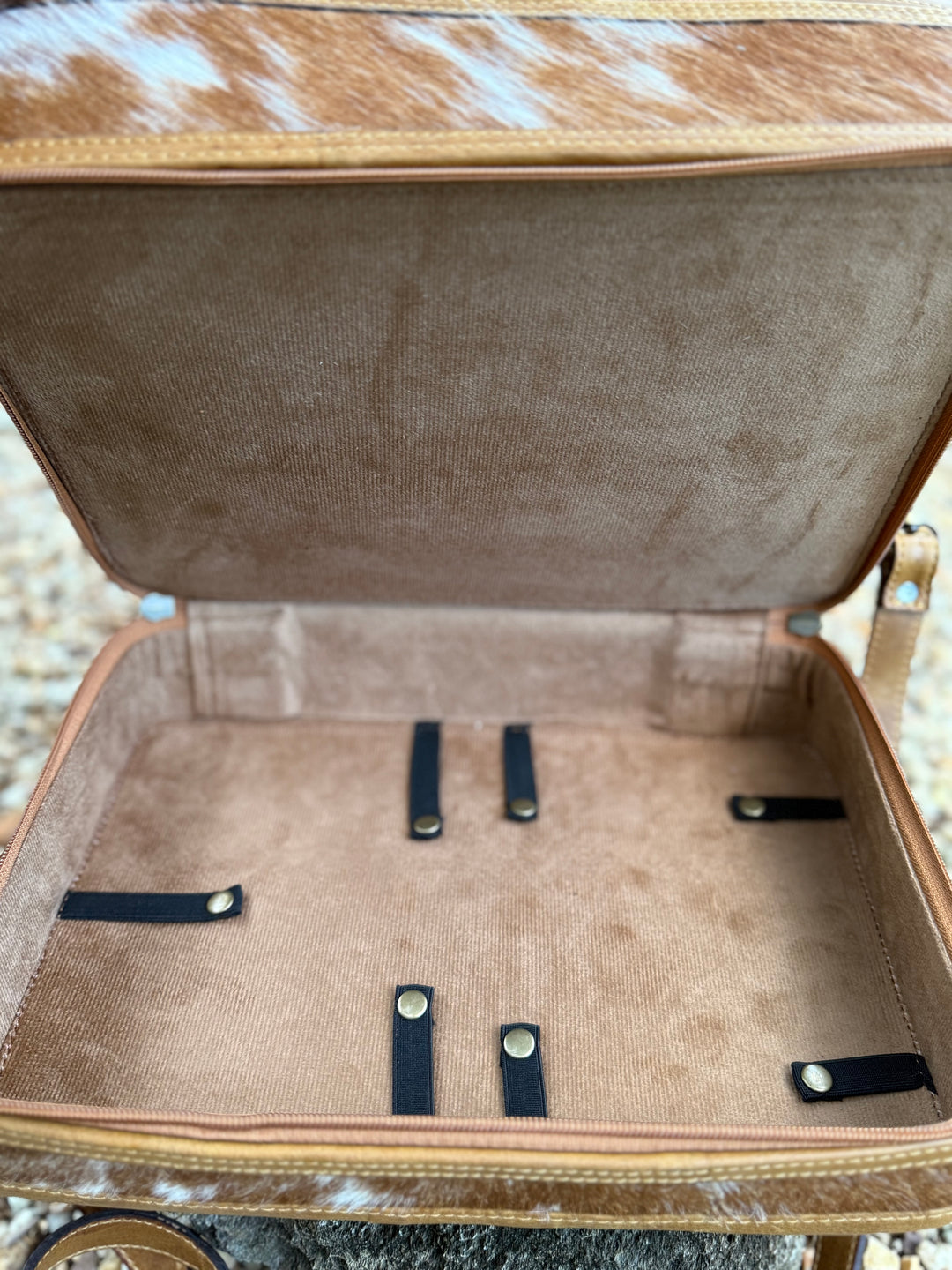 The Double Decker in Tan | Large Tan and White Cowhide and Tooled Leather Jewelry Case