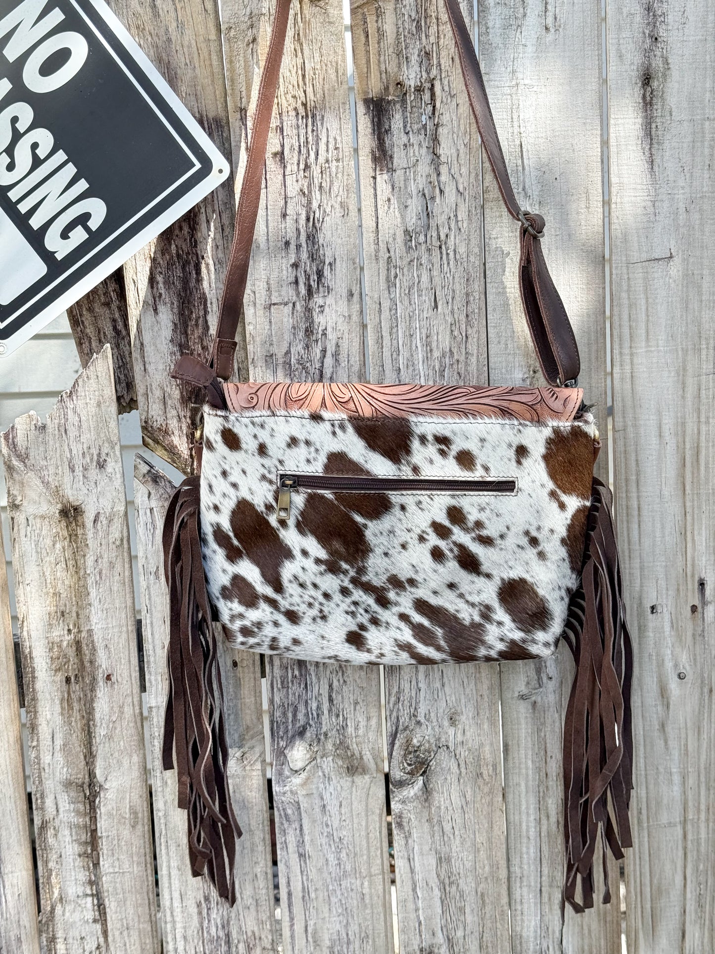 Grit & Grace : Hand Tooled Leather Cowhide and Brown Fringe Crossbody